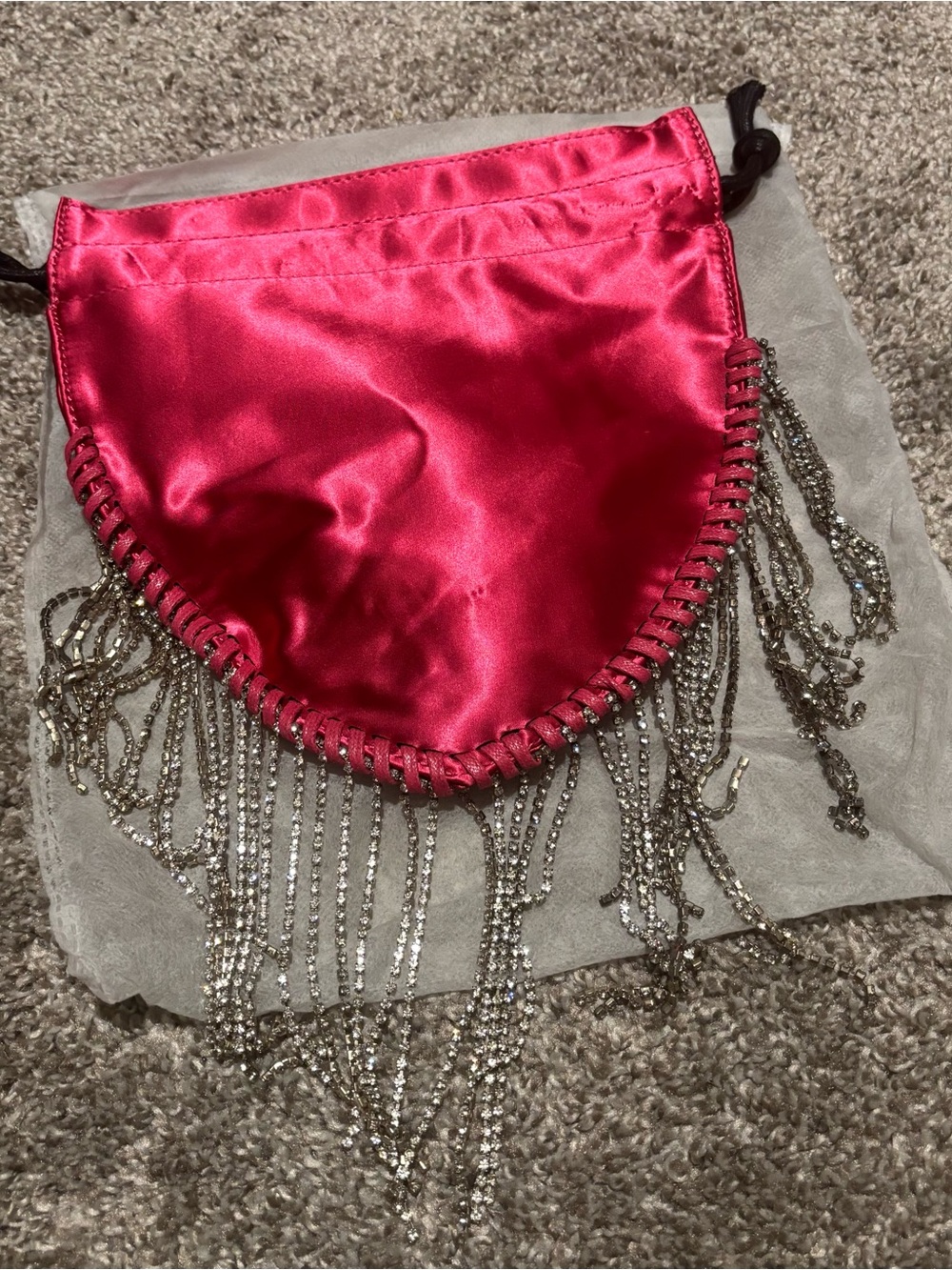 Hot Pink Satin Fringe Drawstring Pouch